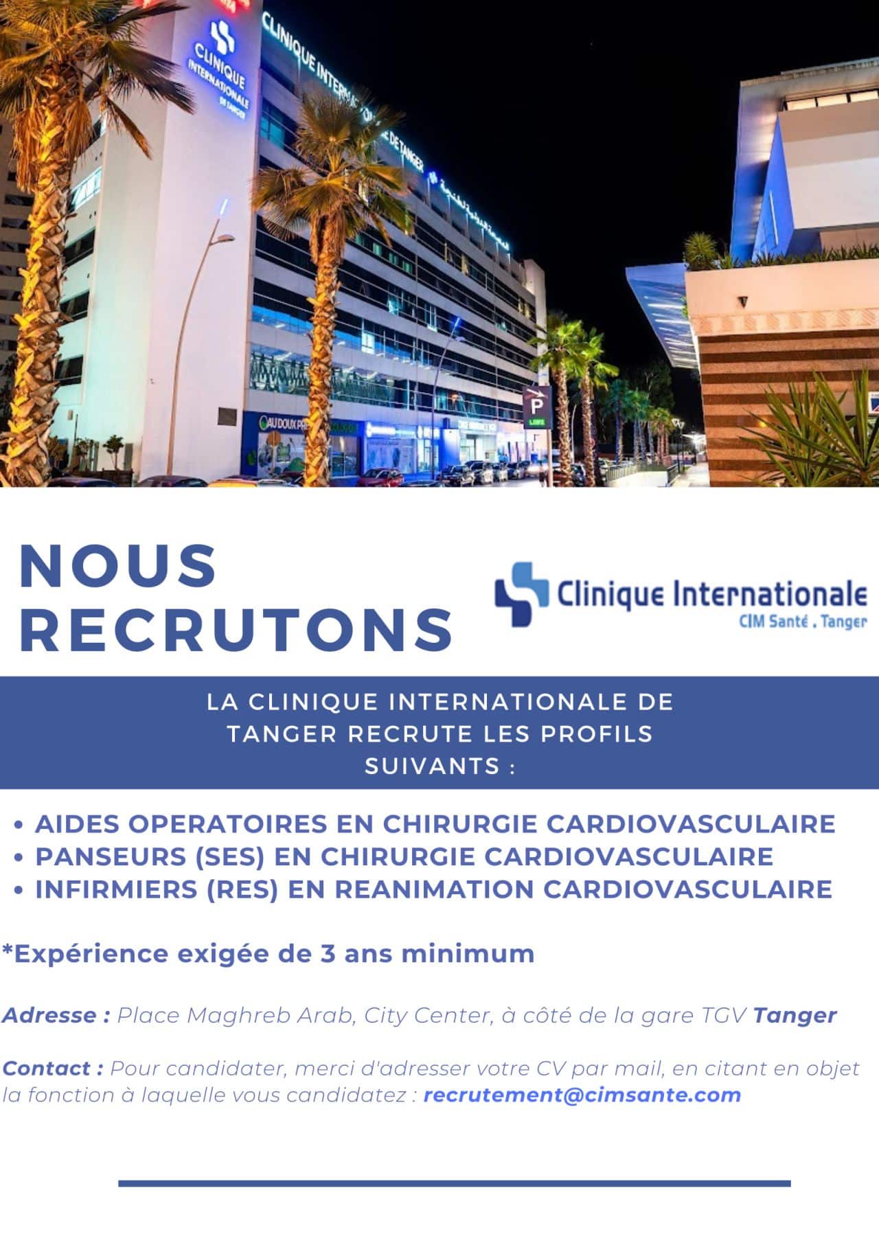 CIM TANGER SANTE Clinique Internationale CIM Santé Tanger recrute plusieurs profils